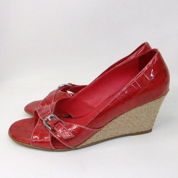 Brighton Riva Red Crocodile Embossed Leather Espadrille Wedge Heels 8.5 - Picture 3 of 6